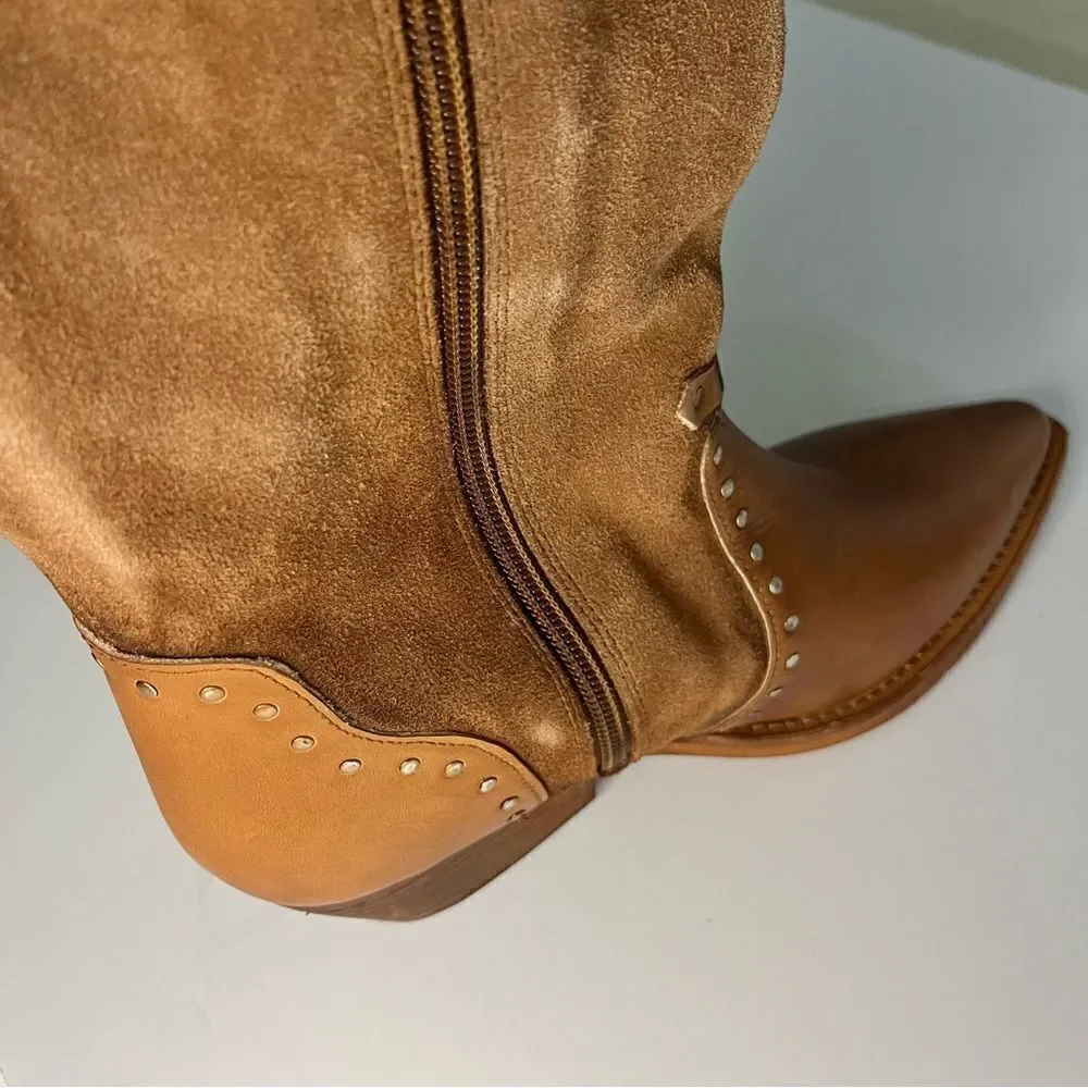 Free People Wayne Fringe Suede Over The‎ Knee Leather Western Boots Brown 6 NIB
